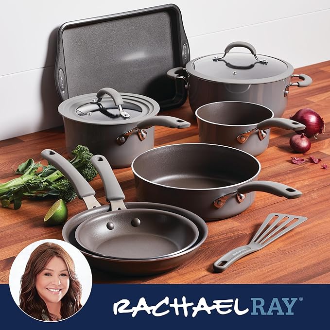 Rachael Ray Cook + Create Nonstick Cookware/Pots and Pan Set, 10 Piece, Gray
