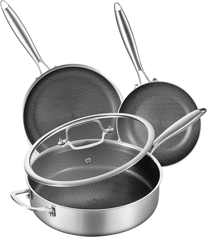 LOLYKITCH 6 QT Tri-Ply Stainless Steel Non Stick Sauté Pan with Lid and 8-10 Inch Frying Pan,Induction Hybrid Cookware Set, Oven Safe and Detachable Handle