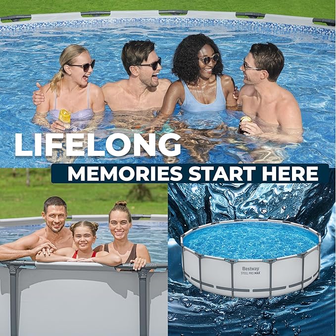 Bestway Steel Pro MAX 14フィート x 42インチ 地上設置型プール、丸型金属フレーム屋外スイミングプールセット（フィルターポンプ、はしご、カバー付き）、グレー