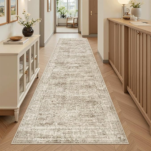 Washable Runner Rug, 2'6" x 8' Non-Slip Kitchen Vintage Foldable Hallway Runners for Entryway, Laundry, Bedroom, Brown