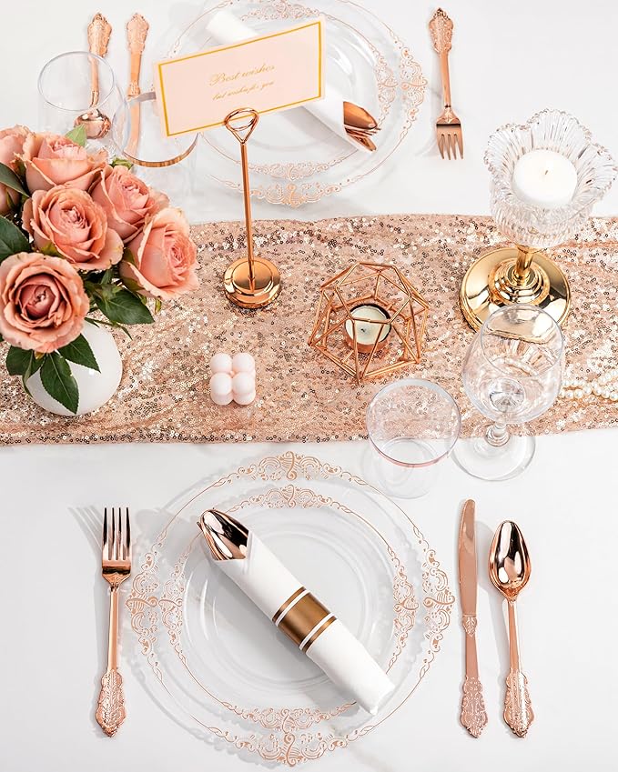 Nervure 350PCS Rose Gold Plastic Plates - Rose Gold Plastic Dinnerware Sets for 50 Guests - 100 Disposable Plates, 150 Silverware, 50 Cups, 50 Napkins Perfect for Wedding & Party & Mothers Day