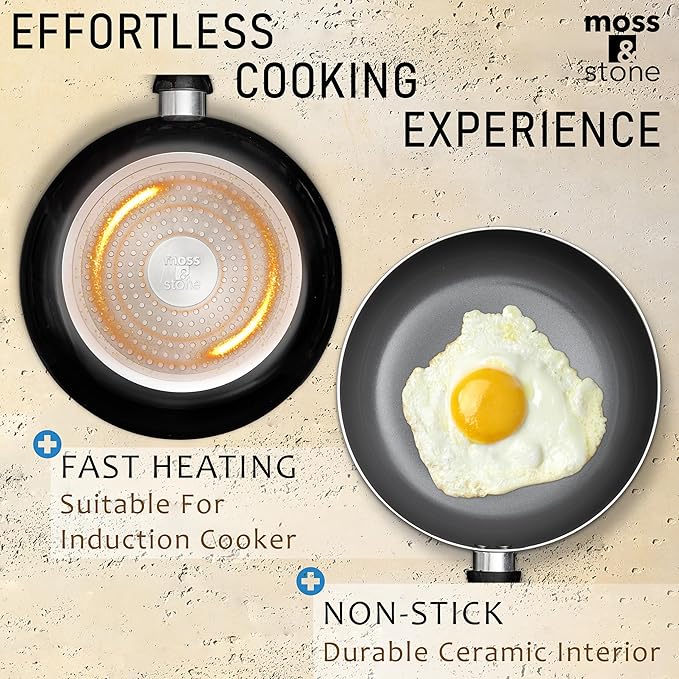 Moss & Stone 6 Pcs Black Nonstick Cookware Set, Pots And Pans Set Non stick With Glass Lid, Induction Cookware, Stay-Cool Handle PTFE/PFOA Kitchen Pots 6-Piece with Frying Pans & Saucepan