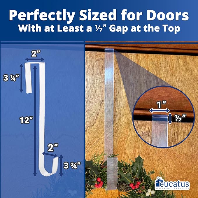 Non Scratch, 100% Clear 12 in Wreath Hanger. Christmas Wreaths Holder for Hanging Fall Halloween Decorations Over Front or Garage Door. Best Long Hook for Indoor or Outdoor Home Decor