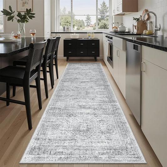 Washable Runner Rug, 2'6" x 8' Non-Slip Kitchen Vintage Foldable Hallway Runners for Entryway, Laundry, Bedroom, Grey