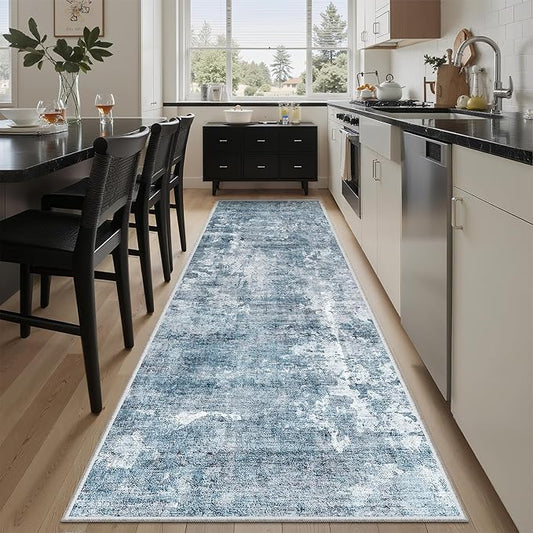 Washable Runner Rug, 2'6" x 8' Non-Slip Kitchen Vintage Foldable Hallway Runners for Entryway, Laundry, Bedroom, Blue