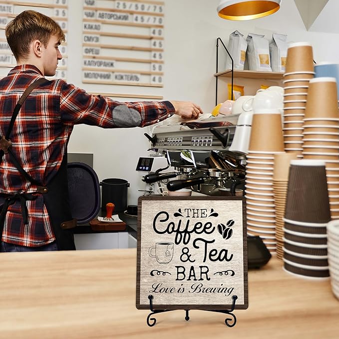 Coffee Bar Sign, Love is Brewing Farmhouse Tabletop Decor, Coffee and Tea Lover Gifts, 5x5 Wood Plaque with Iron Stand for Home Kitchen Cafe, Coffee Bar Decor – L10