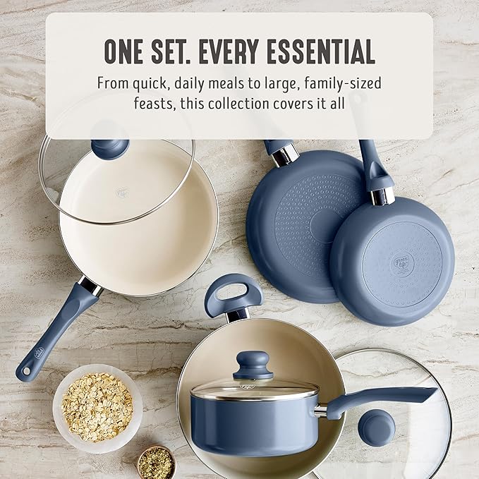 GreenLife 16-Piece Nonstick Cookware Set, Non-Toxic Ceramic Pots and Pans Set, Durable Healthy Kitchen Essentials, Fast Heating, Induction Ready, Easy Clean Dishwasher Safe, PFAS-Free, Slate Blue