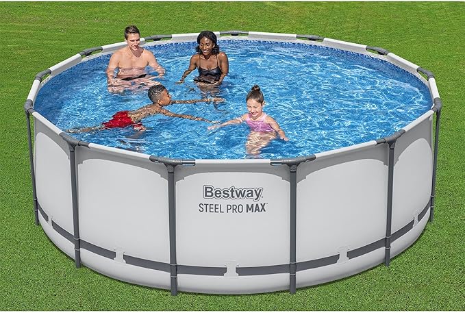 Piscine hors sol Bestway Steel Pro MAX 3,96 m x 1,22 m, kit piscine extérieure ronde à cadre métallique avec pompe de filtration, échelle et couverture, gris