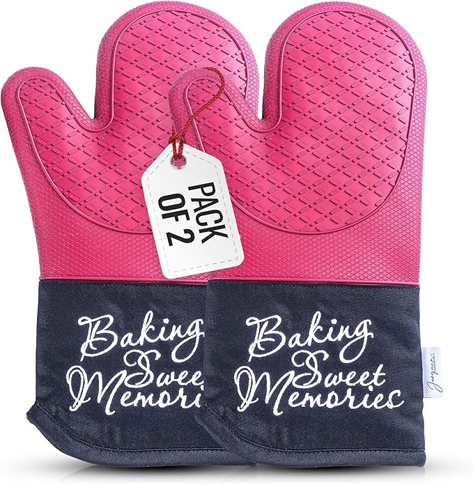 Mitts - Long Slip Resistant Pot Holders - Silicone Oven Mitts - Baking Gloves for Oven - Perfect for Baking, BBQ, Cooking, and Grilling, Oven Mitts Set of 2, 7''x13'' (Burgundy)