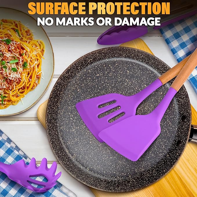 12 Pcs Purple Kitchen Utensils Set with Holder for Nonstick Cookware - Silicone Cooking Utensils Set, Kitchen Tools for Daily Cooking - Wooden Handle Cooking Tools for Baking Serving and Mixing Tasks