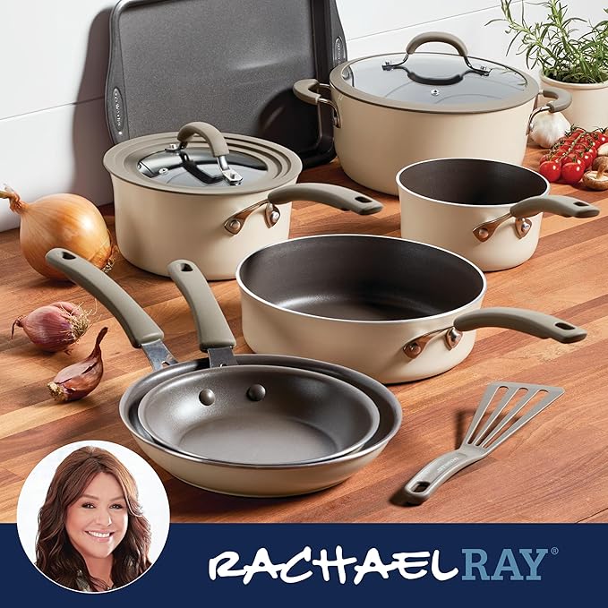 Rachael Ray Cook + Create Nonstick Cookware Pots and Pans Set, Includes Baking Sheet Pan and Cooking Utensil, 10 Piece - Almond