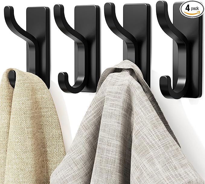 niffgaff Wall Hooks for Coat and Towel: 13lb Adhesive Door Hanger Stick On, Sticky Hook for Wall, Closet, Bathroom - Black, 4 Pack