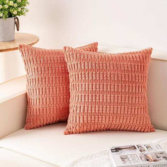 Pack of 2 Corduroy Decorative Throw Pillow Covers 18x18 InchSoft Boho Striped Pillow Covers Modern Farmhouse Home Decor for Sofa Living Room Couch Bed（Orange）
