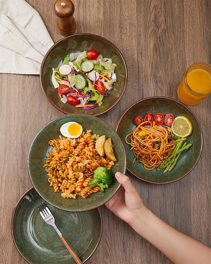 Pokini 16 Piece Double Bowl Dinnerware Sets with Pasta Bowls, Highly Chip and Crack Resistant Plates and Bowls Sets, Natural Earthyware Ceramic Dishware Sets, Service for 4 Sage Green