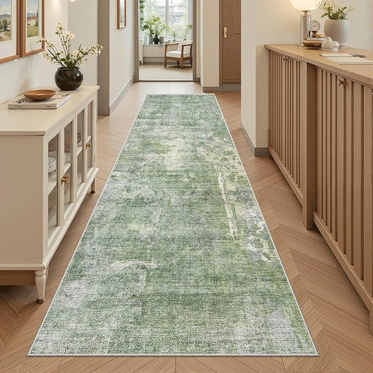 Washable Runner Rug, 2'6" x 8' Non-Slip Kitchen Vintage Foldable 2.5x8ft Hallway Runners for Entryway, Laundry, Bedroom, Green/Ivory