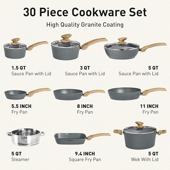 DishDelight Induction Pots and Pans Set Non Stick, 30 Piece Nonstick Kitchen Cookware Sets, Nonstick Granite Cooking Set Induction Pots and Pans, Grey