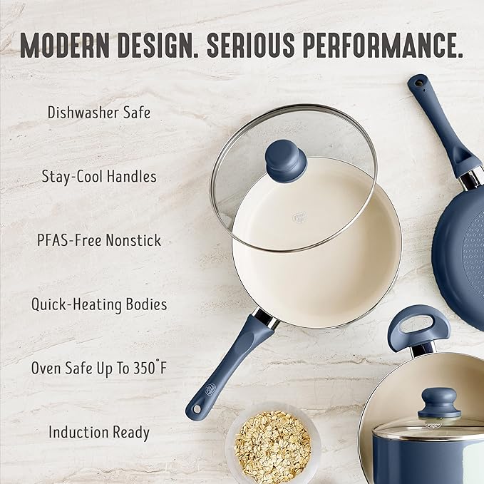 GreenLife 16-Piece Nonstick Cookware Set, Non-Toxic Ceramic Pots and Pans Set, Durable Healthy Kitchen Essentials, Fast Heating, Induction Ready, Easy Clean Dishwasher Safe, PFAS-Free, Slate Blue