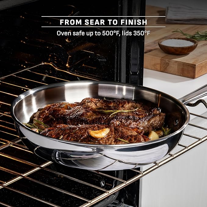 T-Fal Pro Tri-Ply Fry Pan, Stainless Steel Pan 12 inch, Induction Cookware, Oven Safe 500F, Fast & Even Heat, Professional Quality & Durability, Skillet, Cookware, Silver