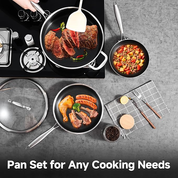 LOLYKITCH 6 QT Tri-Ply Stainless Steel Non Stick Sauté Pan with Lid and 8-10 Inch Frying Pan,Induction Hybrid Cookware Set, Oven Safe and Detachable Handle