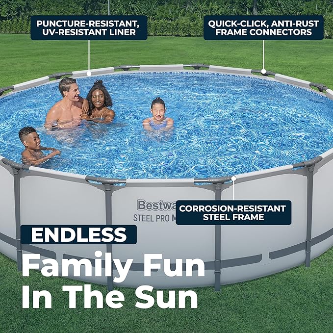 Bestway Steel Pro MAX 14フィート x 42インチ 地上設置型プール、丸型金属フレーム屋外スイミングプールセット（フィルターポンプ、はしご、カバー付き）、グレー