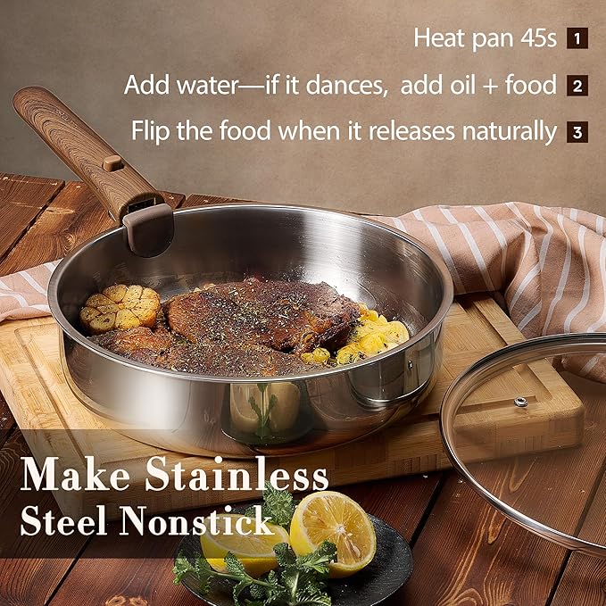 CAROTE 19pcs Stainless Steel Cookware Set with Detachable Handle, Pots and Pans Set, Induction Kitchen Cooking Sets, RV/Camping Cookware, Removable Handle, Oven Safe, Woodgrain