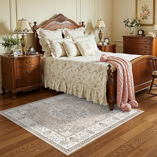 Washable 5x5 Square Area Rugs: Indoor Non-Slip Entryway Kitchen Rugs Oriental Stain-Resistant Bathroom Laundry Floor Mat Water Resistant Light Weight Carpet for Living Room Bedroom Nursery(5x5,Beige)