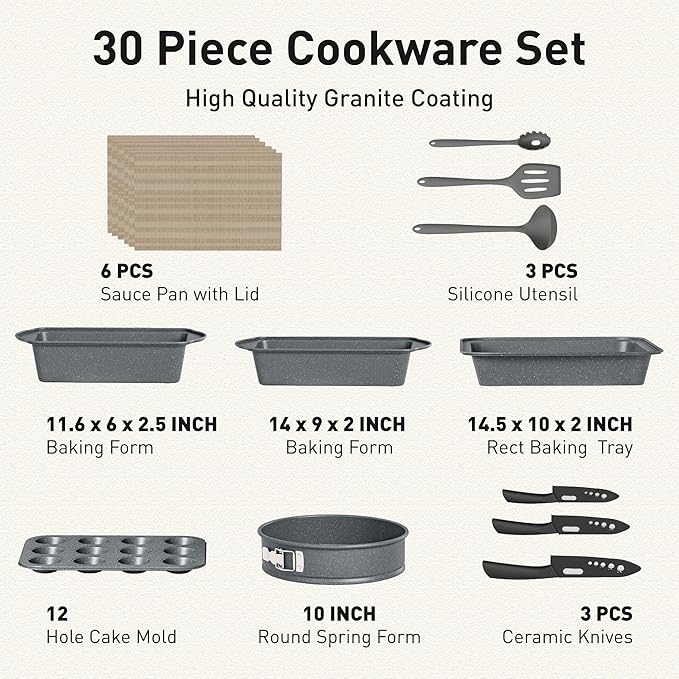 DishDelight Induction Pots and Pans Set Non Stick, 30 Piece Nonstick Kitchen Cookware Sets, Nonstick Granite Cooking Set Induction Pots and Pans, Grey