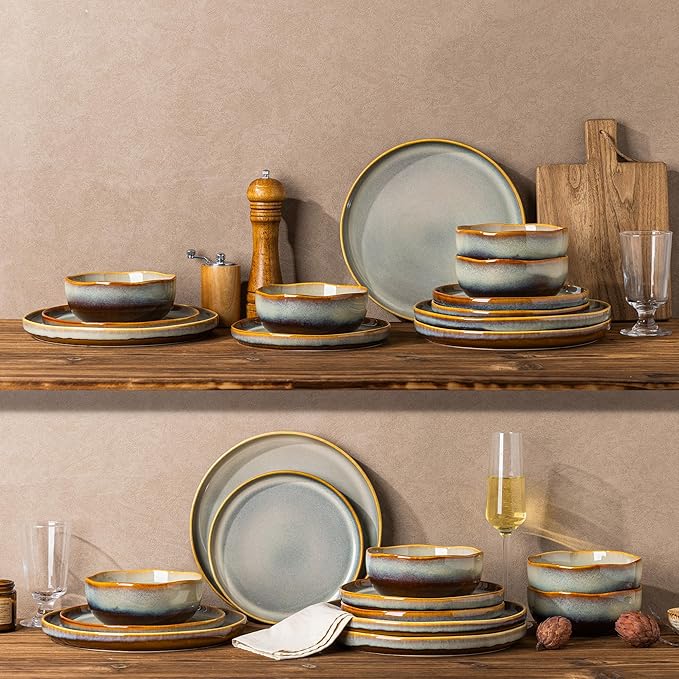 TheTerra Ceramic Dinnerware Sets for 4, 12 Pieces Handmade Reactive Glaze Plates and Bowls Sets, Scratch Resistant Dish Set, Oven & Microwave & Dishwasher Safe, Brown Blue