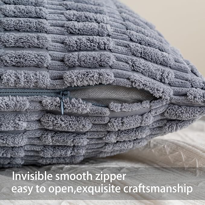 Pack of 2 Corduroy Decorative Throw Pillow Covers 22x22 Inch Soft Striped Pillow Covers Modern Farmhouse Home Decor for Sofa Living Room Couch Bed（Light Grey）