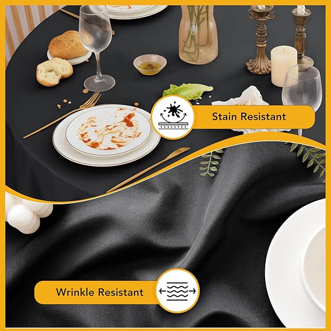 6-Pack Black Round Tablecloths, 132 Inches, Stain-Resistant Polyester for 6-8 Ft Round Tables - Washable Table Covers for Weddings, Banquets, Birthday Parties, Events