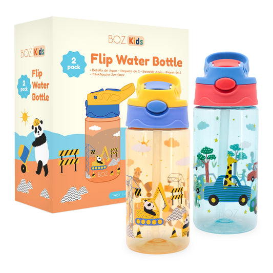BOZ Flip Water Bottles for Kids 2-Pack - Boys Cars & Construction Designs 14 oz Push Button Pop-Up Straw Handwash Recommended Toddler Leak Proof Water Bottle