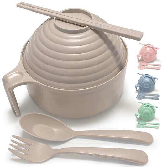 Microwave Ramen Bowl with Chopsticks • Instant Ramen Noodles Bowls • Microwave Safe Soup Bowl Noodle Bowl • Microwave Dishwasher Freezer Safe • Made with Wheat Grass BPA Free (Style C Beige)