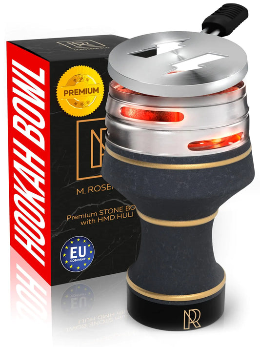 Hookah Bowl Set Premium Stone Black Bowl – Shisha Bowl with Cover Heat Management Charcoal Holder - Luxury Classic Hookah Bowls for Hookah Smoking Ceramic Hookah Head with HMD