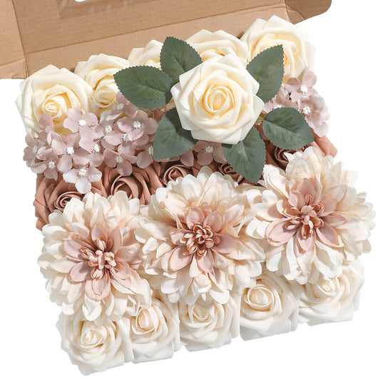 rongflower Artificial Flowers Combo Box Set Gradient Color Flower Leaf with Stems for DIY Wedding Bouquets Centerpieces Baby Shower Party Home Decor (Garden Dusty Coffee Rose)