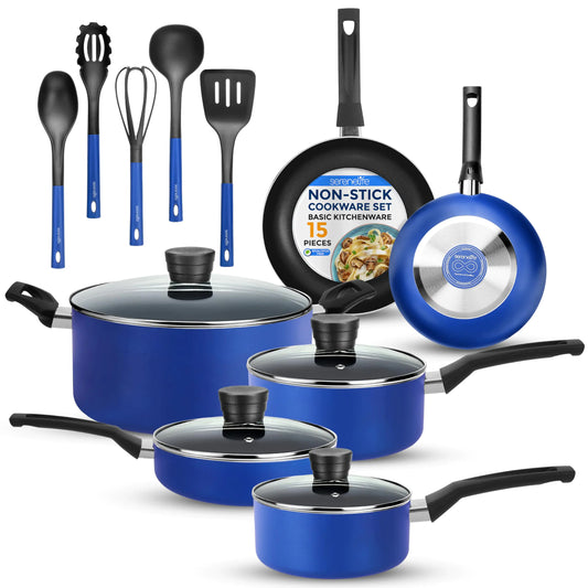SereneLife Kitchenware Pots & Pans Basic Kitchen Cookware Black Non-Stick Coating Inside Heat Resistant Lacquer (15-Piece Set) One Size Blue