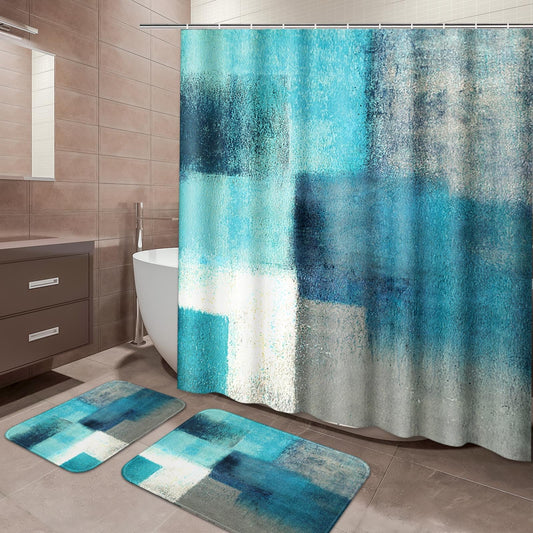 ArtSocket Teal Bathroom Sets with Shower Curtain and Rugs and Accessories Teal Grey Abstract Painting Gray Shower Curtain Sets Modern Shower Curtains for BathroomGreen Bathroom Decor 3 Pcs