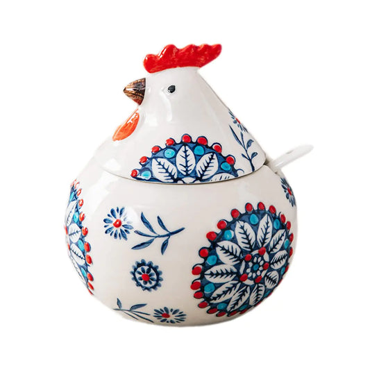 JHNIF Porcelain Condiment Pot with Lid and Spoon 11oz Salt Bowl Sugar Bowl for Kitchen Chicken Shape