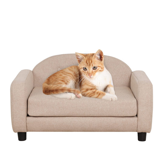 Yoonnie room Dog Sofas and Chairs for Small Pet/Cat Sofa Bed with Wooden Frame/Bed for Dogs with Linen Fabric/Cat Sofa Chair with Cushion/Dog Couch for Small Dog Rest Using (Beige)