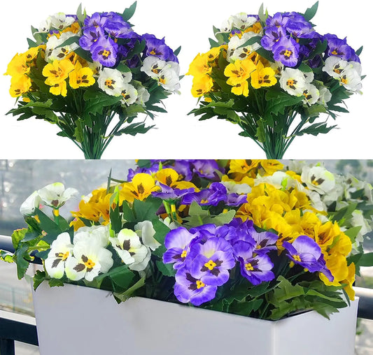 QIANYUN Fake Flowers-13in Pansy Small Wild Flower Artificial Plants Outdoor Plastic Purple Flowers for Home Wedding Kitchen Garden Table Centerpieces Indoor Outdoor Decor (Mixed Color)