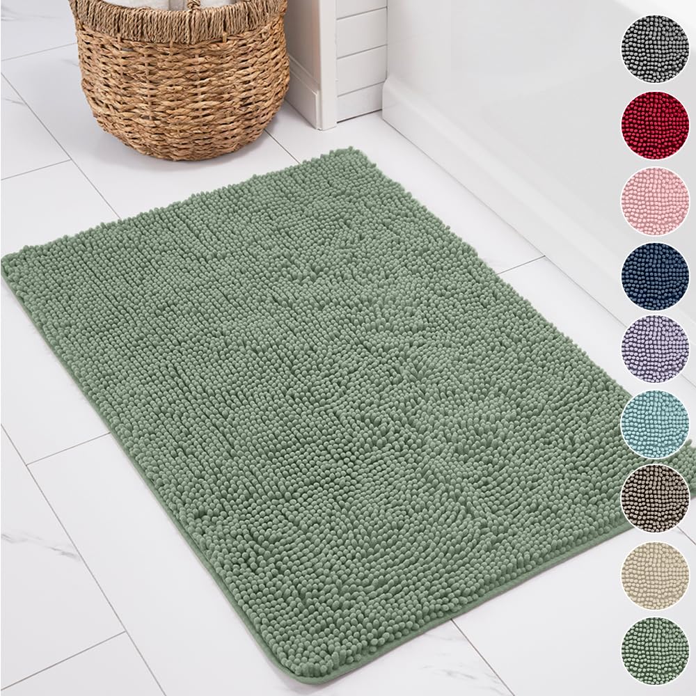 KANGAROO Bathroom Rugs Chenille Soft Absorbent Bath Rug Shaggy Shower Mat Quick Dry Machine Wash Bathmat Plush Carpet Mats for Tub Bathtub and Room Home Decor Accessories 36x24 Sage