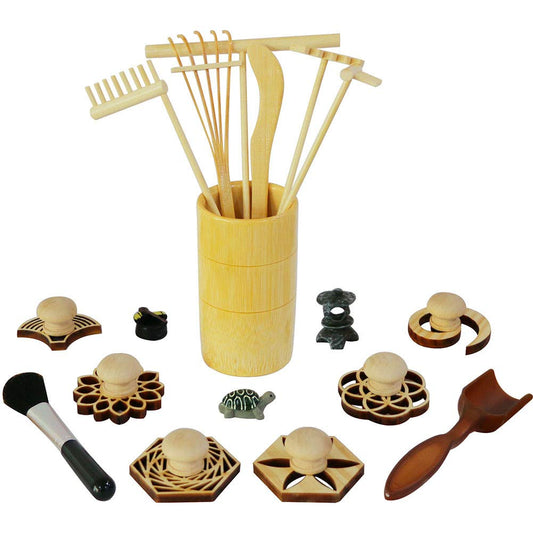 Zen Garden Rake Stamp Tools - Meditation Rock Sand Garden Accessories - Office Desktop Mini Zen Gifts for Man Women Bamboo Rakes Holder Brusher Spoon Figurines