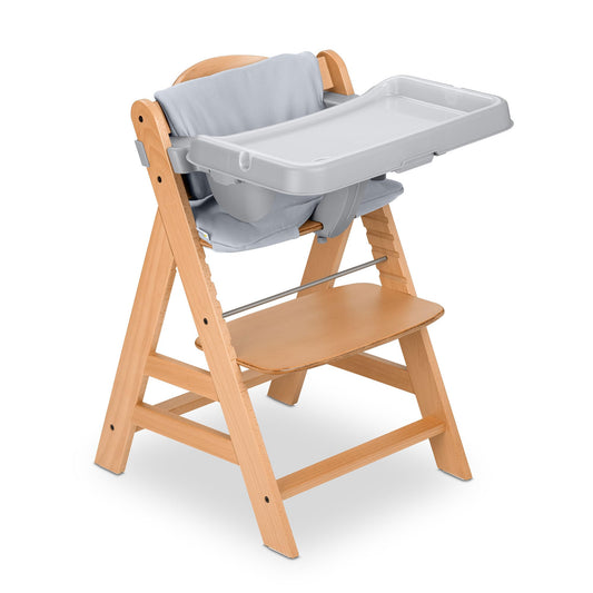 hauck Alpha+ Grow Along Wooden High Chair Seat with Grey Removable Tray Table and Grey Deluxe Seat Cushion Pad for Babies 6 Months and Up