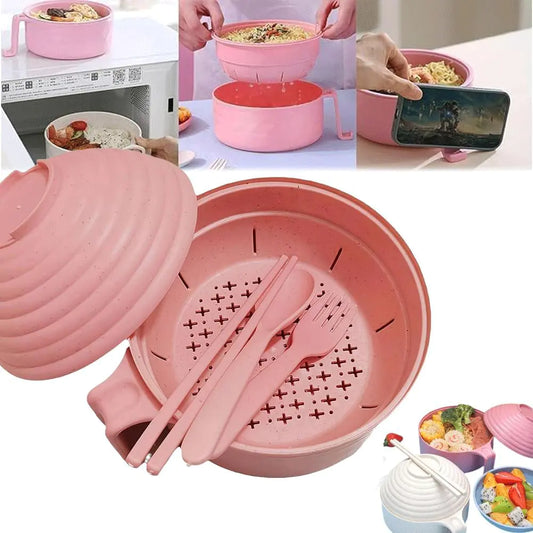 Microwave Ramen Bowl with Lid 2025 New Ramen Noodles Bowl Set with Chopsticks Spoon and Fork Ramen Bowl Microwavable Portable Ramen Cooker Apartment Essentials (Pink)