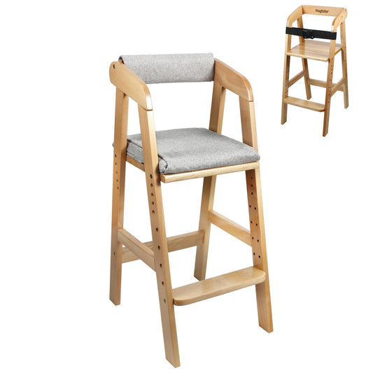 PandaEar Wooden High Chair for Toddlers Adjustable Child Highchair Feeding Chair with Removable Cushion & Steps for Kids Dining Eating Studying