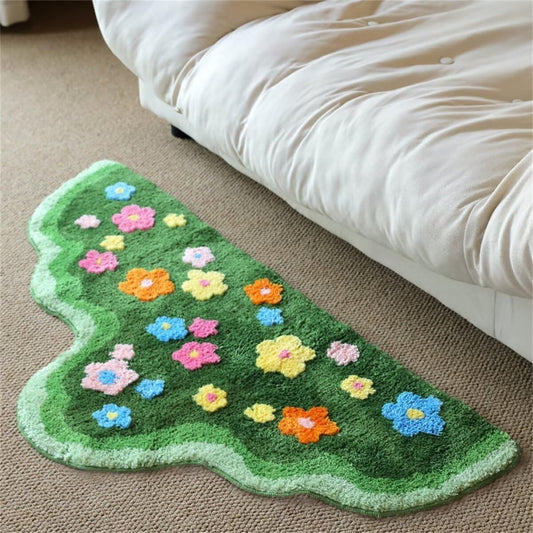 COMBLUE Green Moss Flowers Rug Bathroom Rugs Non Slip Bath Mat 24 x 47 Inch，Luxury Aesthetic Decor Shaggy Tufted Moss Runner Carpet for Bathroom Bedroom Living Room Ultra Absorbent Machine Washable
