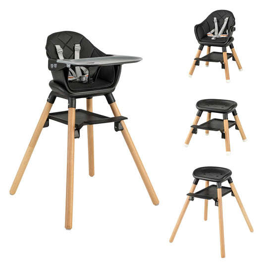 HONEY JOY Baby High Chair 6 In 1 Convertible Wooden Highchair for Babies and Toddlers/Toddler Chair/Bar Stool Removable Double Tray & Reversible Footrest Safety Harness for Infant Boys Girls(Black)