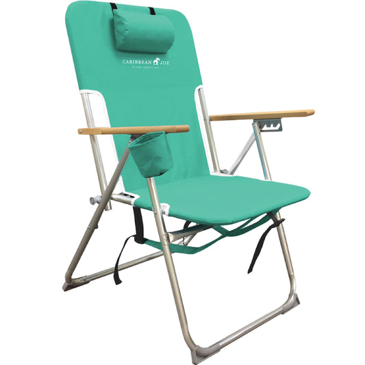 Caribbean Joe Folding Beach Chair 4 Position Portable Backpack Foldable Camping Chair with Headrest Cup Holder and Wooden Armrests Teal