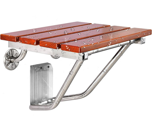 Lunalazeo Folding Shower Seat Bench Wall Mount Fold Down Teak Bathroom Chair for Elderly Disabled Medical Home Care Inside Shower Foldable Shower Wooden Stool 300lb Capacity