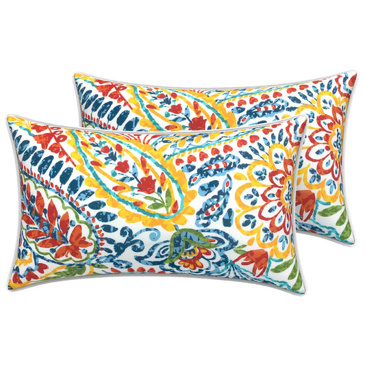 LVTXIII Outdoor Lumbar Pillow Covers 12"x20" Covers ONLY 2 Pack 30x50cm Lumbar Cushion Cover with White Piping for Home Patio Garden Sofa Bench Paisley Multi