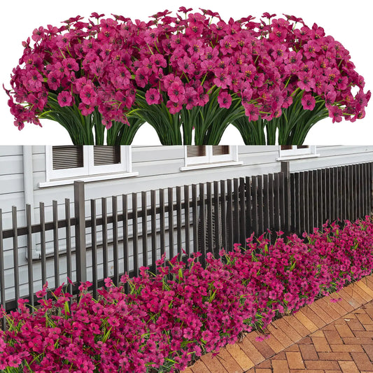 LikSoor 21 Bundles Artificial Outdoor UV Resistant Flowers No Fade Fake Outside Flowers Plastic Greenery Faux Shrubs Garden Porch Window Box Home Decoration(Rose Red)